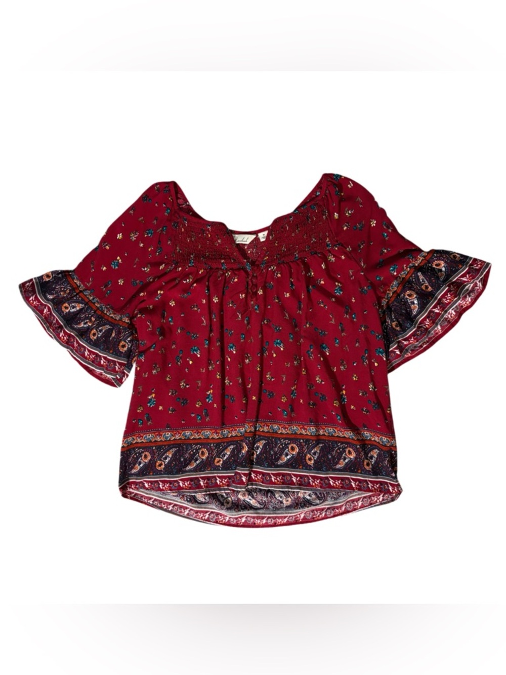 Boho Burgundy Floral Border-Trim Peasant Top